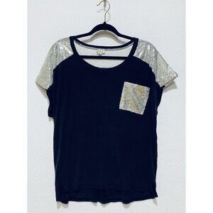 POL Anthropologie Top Womens Medium Black Oversized Silver Sequins Whimsigoth